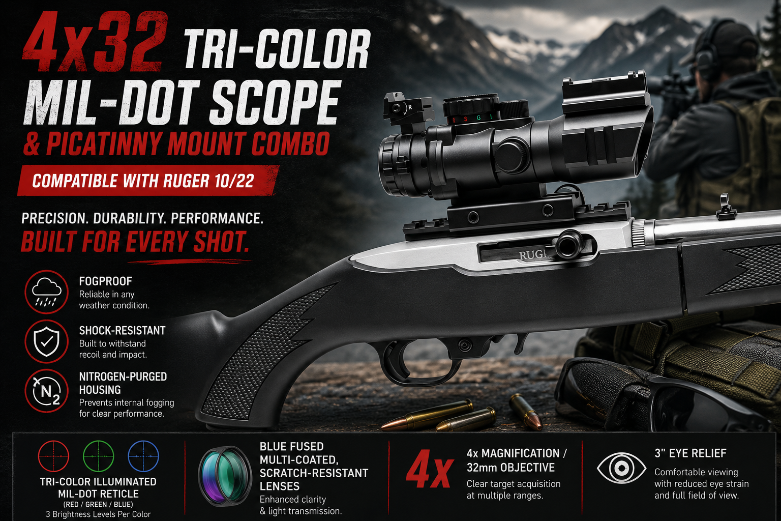 4x32 Tri-Color Mil-Dot Scope & Picatinny Mount Combo Compatible With Ruger 10/22
