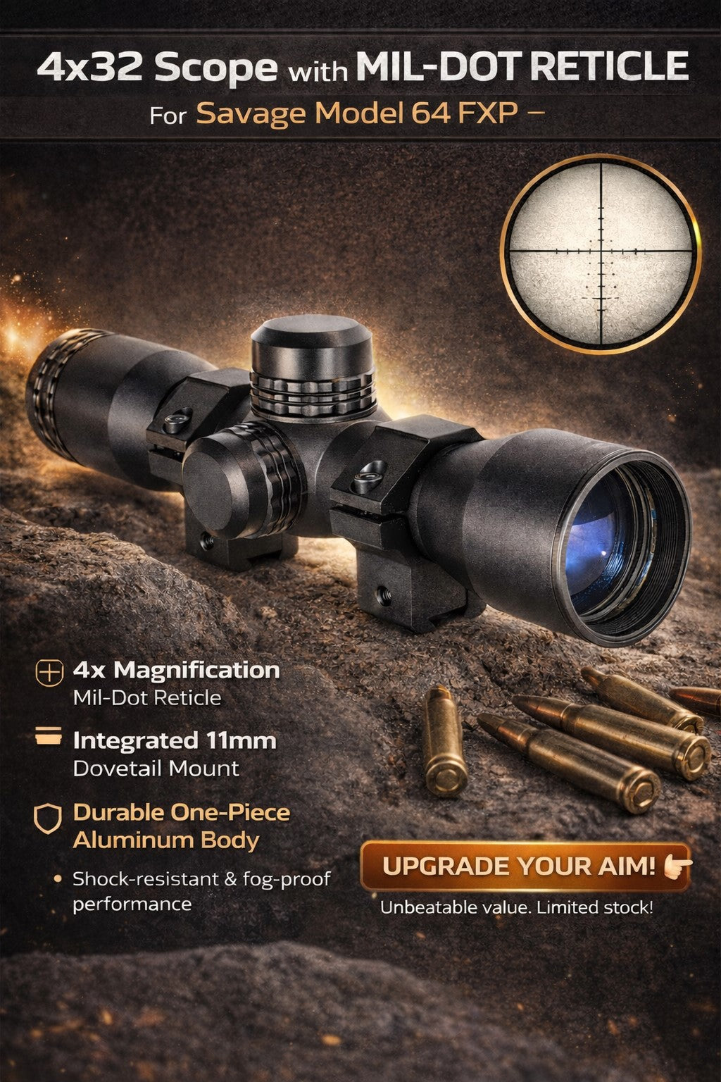 4x32 Scope with Mil-Dot Reticle for Savage Model 64 FXP – Integrated 11mm Dovetail Mount