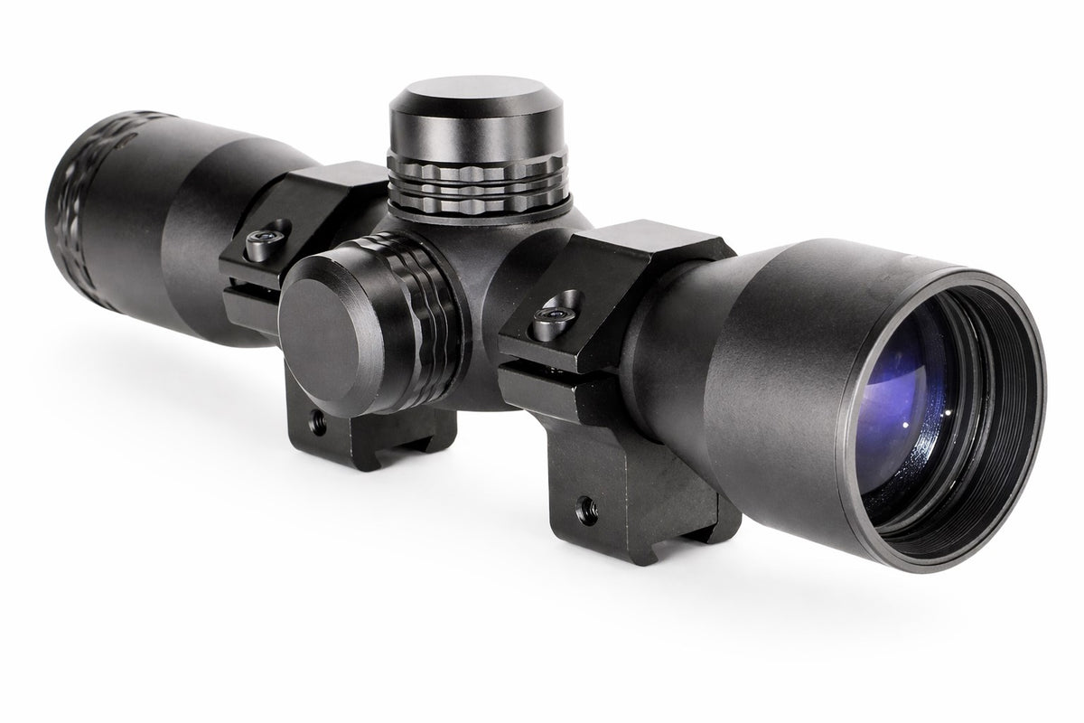 Black rifle scope on a white background