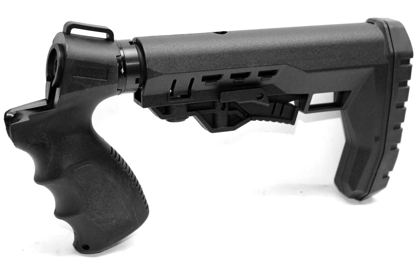 Geronimo style collapsible stock black compatible with Mossberg 590 20 gauge pump.