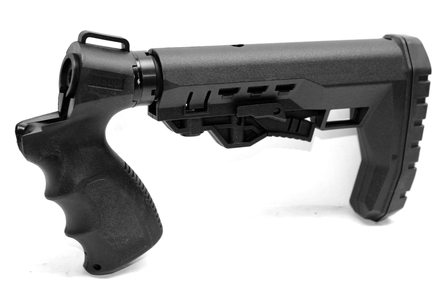 Geronimo style collapsible stock black compatible with Mossberg 590 20 gauge pump.