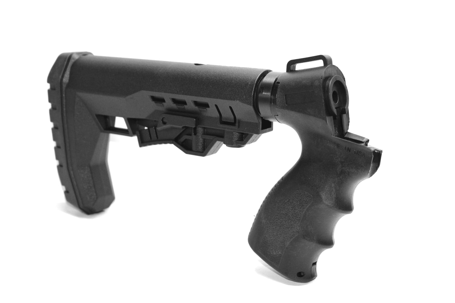 Geronimo style collapsible stock black compatible with Mossberg 590 20 gauge pump.