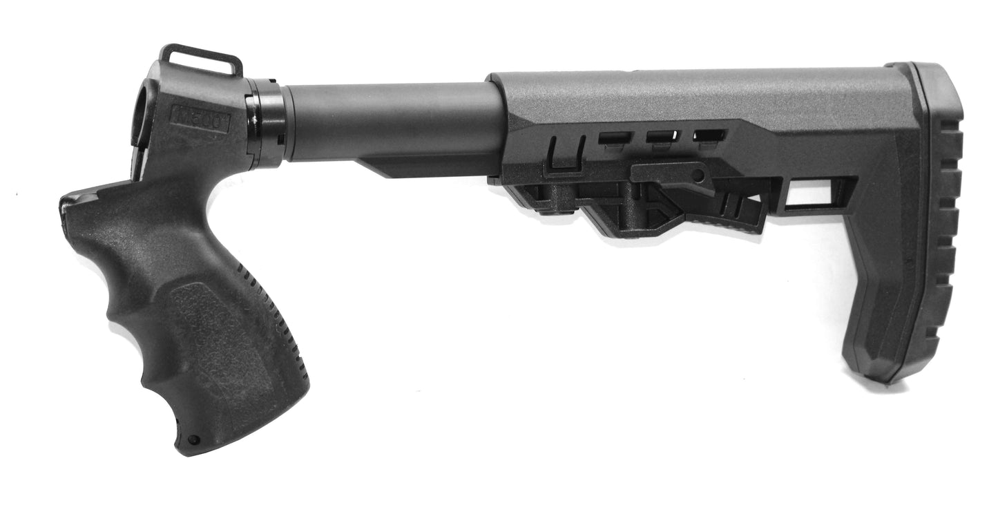 Geronimo style collapsible stock black compatible with Mossberg 590 20 gauge pump.