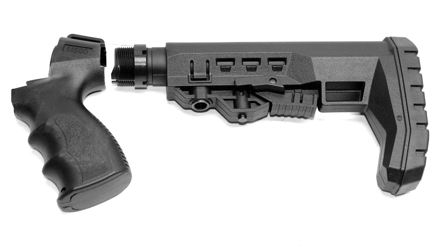 Geronimo style collapsible stock black compatible with Mossberg 590 20 gauge pump.