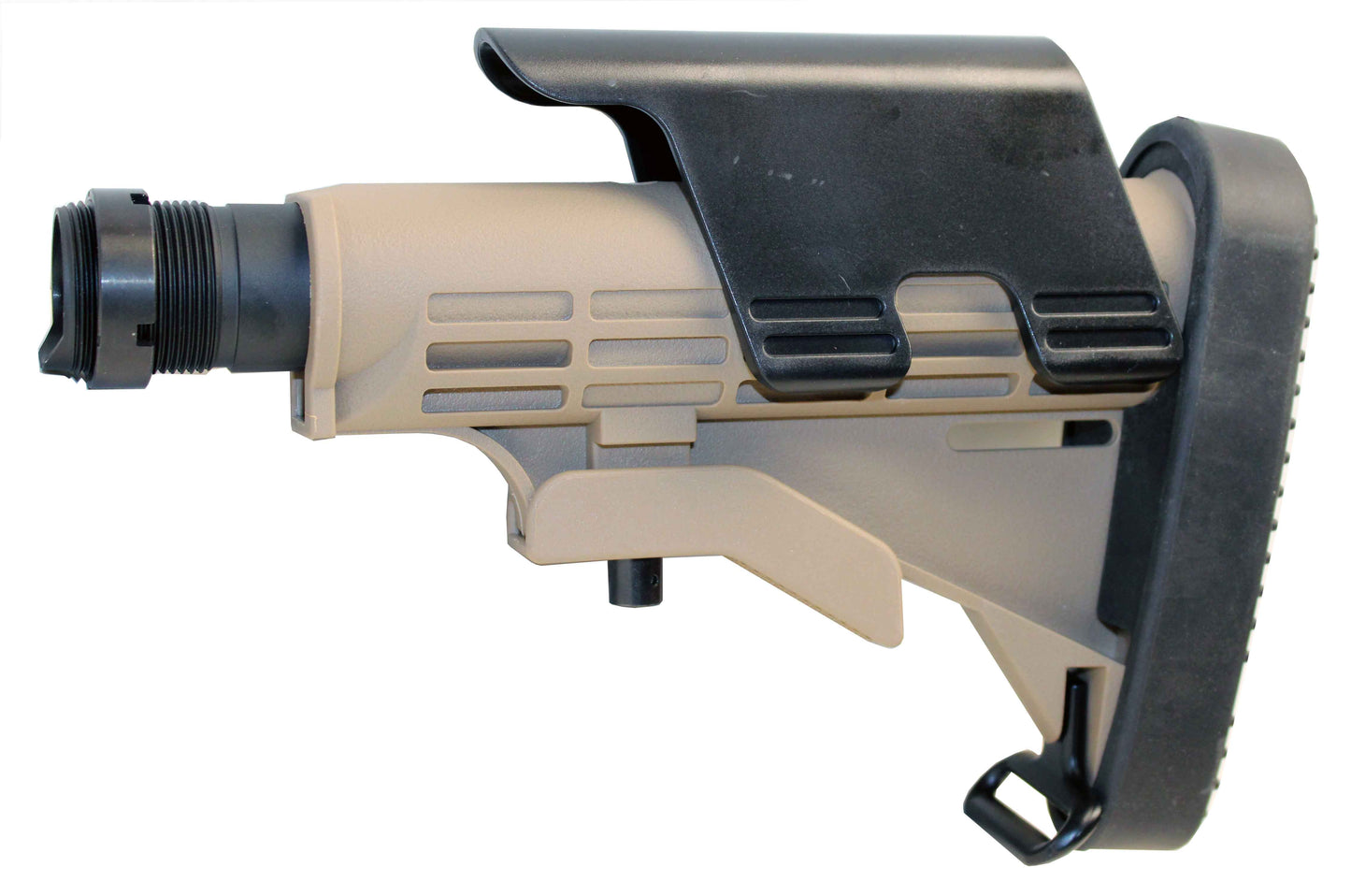 Tactical Adjustable Stock Tan Pistol Grip Black Combo With Butt Pad Compatible With Mossberg 590 12 gauge pump.