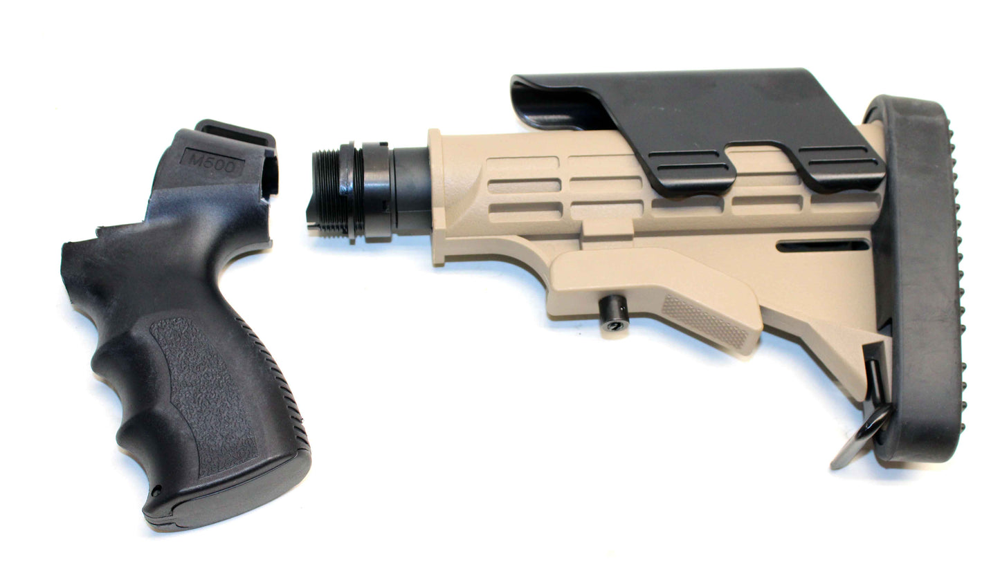 Tactical Adjustable Stock Tan Pistol Grip Black Combo With Butt Pad Compatible With Mossberg 590 12 gauge pump.