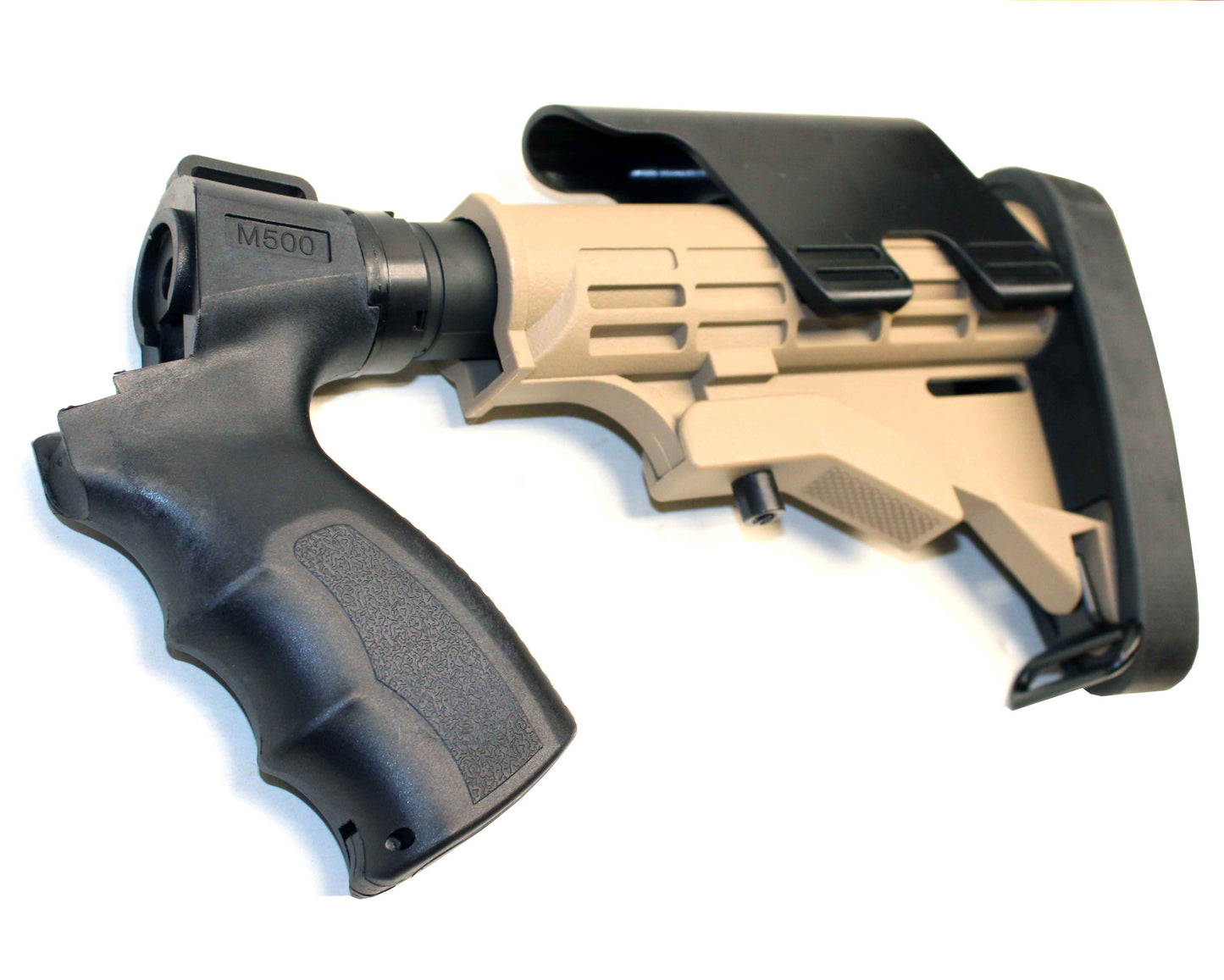 Tactical Adjustable Stock Tan Pistol Grip Black Combo With Butt Pad Compatible With Mossberg 590 12 gauge pump.