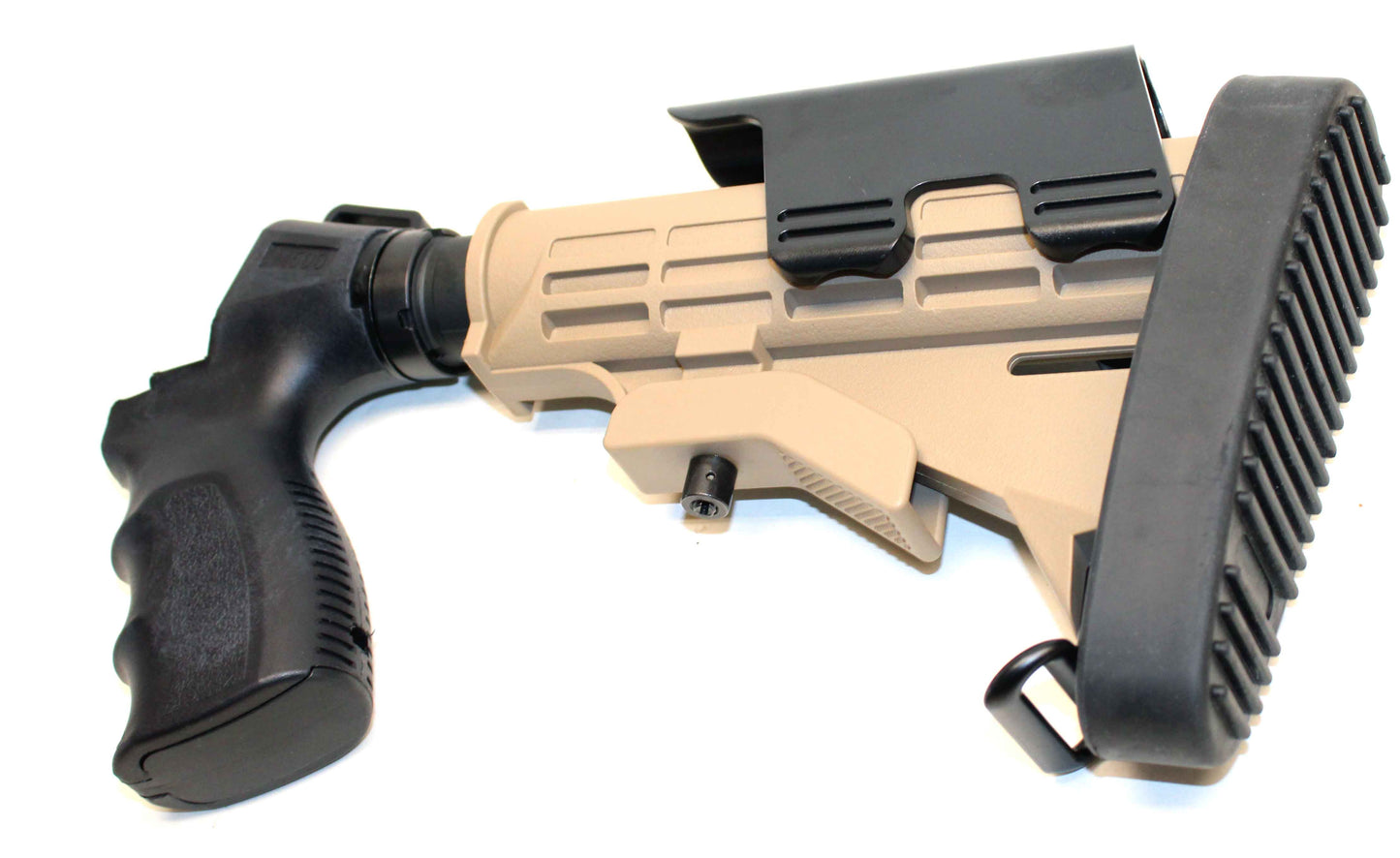 Tactical Adjustable Stock Tan Pistol Grip Black Combo With Butt Pad Compatible With Mossberg 590 12 gauge pump.