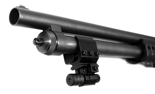 Red laser sight with magazine tube mount compatible with Mossberg Maverick 88 20 gauge pumps.