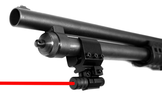 Red laser sight with magazine tube mount compatible with Mossberg Maverick 88 20 gauge pumps.