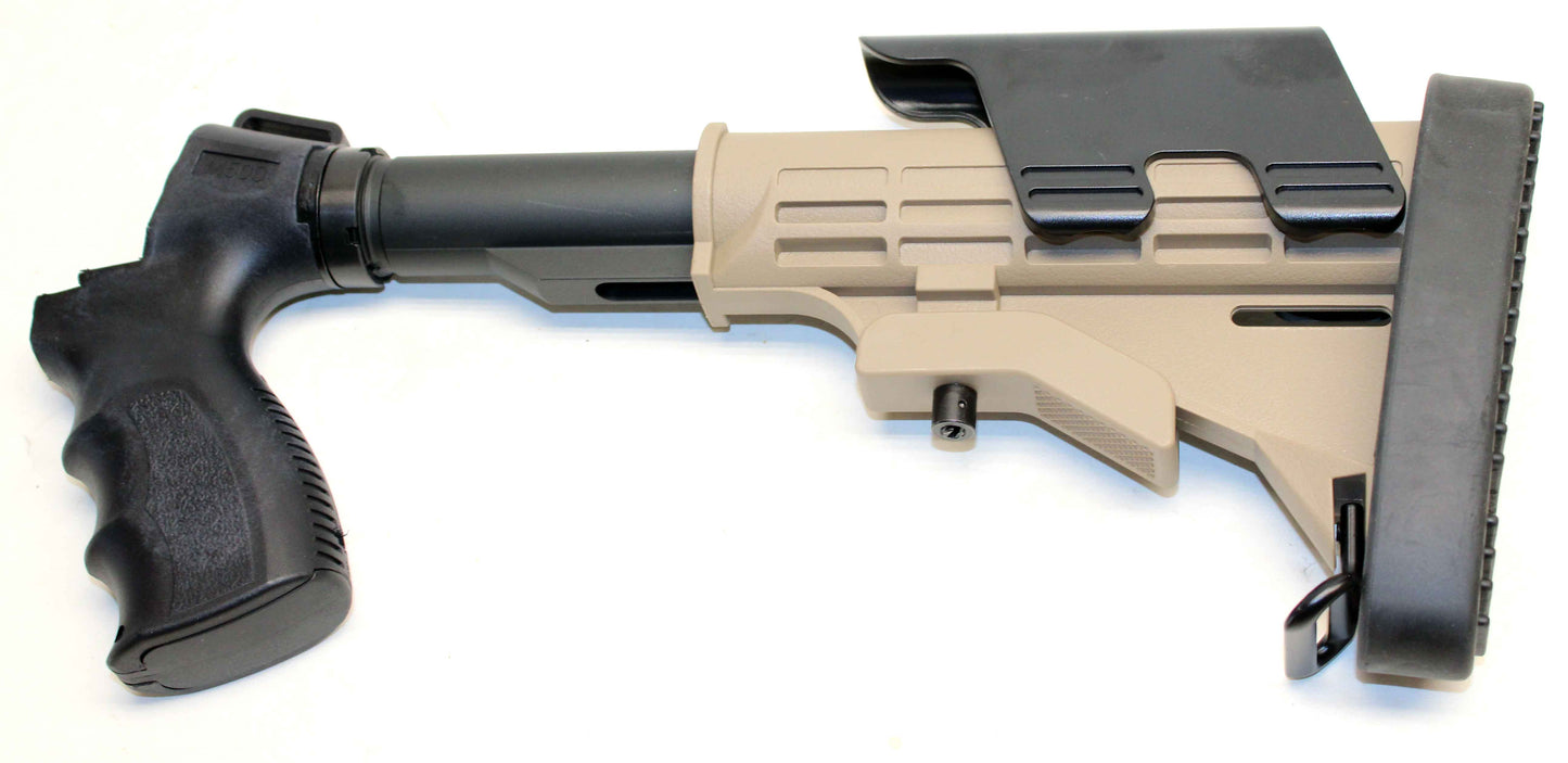 Tactical Adjustable Stock Tan Pistol Grip Black Combo With Butt Pad Compatible With Mossberg 590 12 gauge pump.