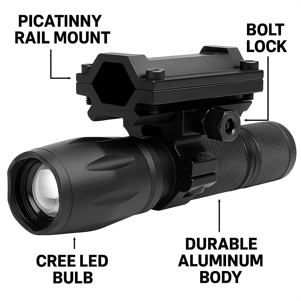 Tactical 1000 Lumen Rifle Flashlight with Picatinny Rail & Barrel Mount for Hunting & Home Defense