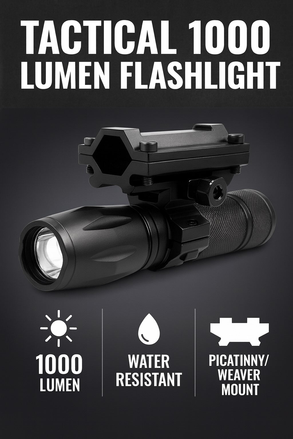 Tactical 1000 lumen flashlight with barrel mount.
