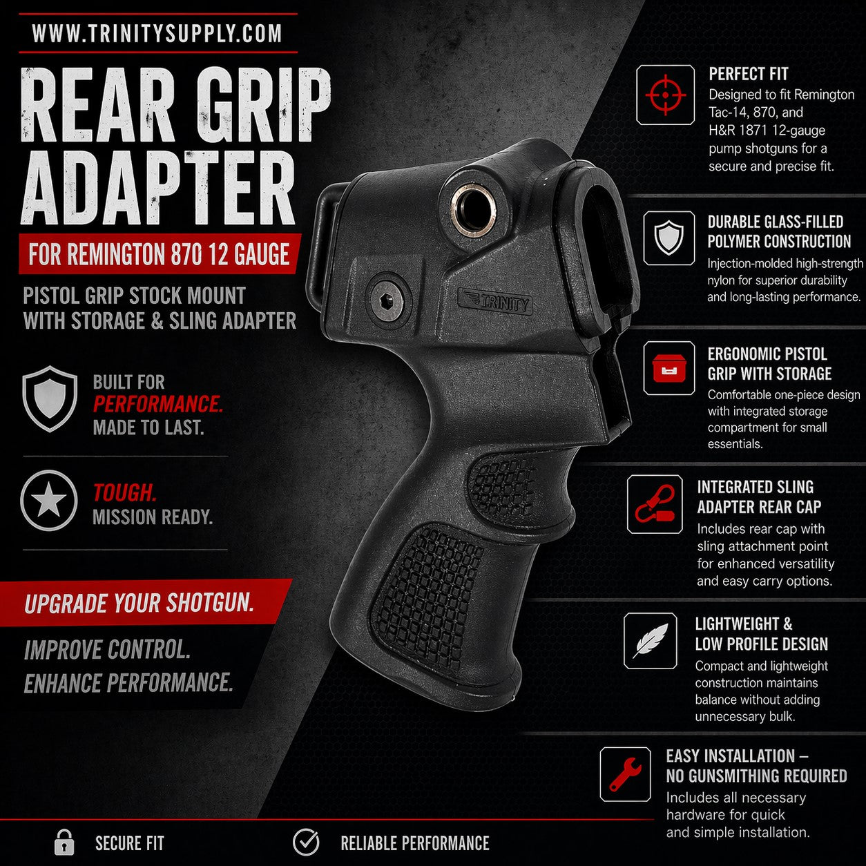 Rear Grip Adapter for Remington Tac-14 870 12 Gauge – Pistol Grip Stock Mount with Storage & Sling Adapter