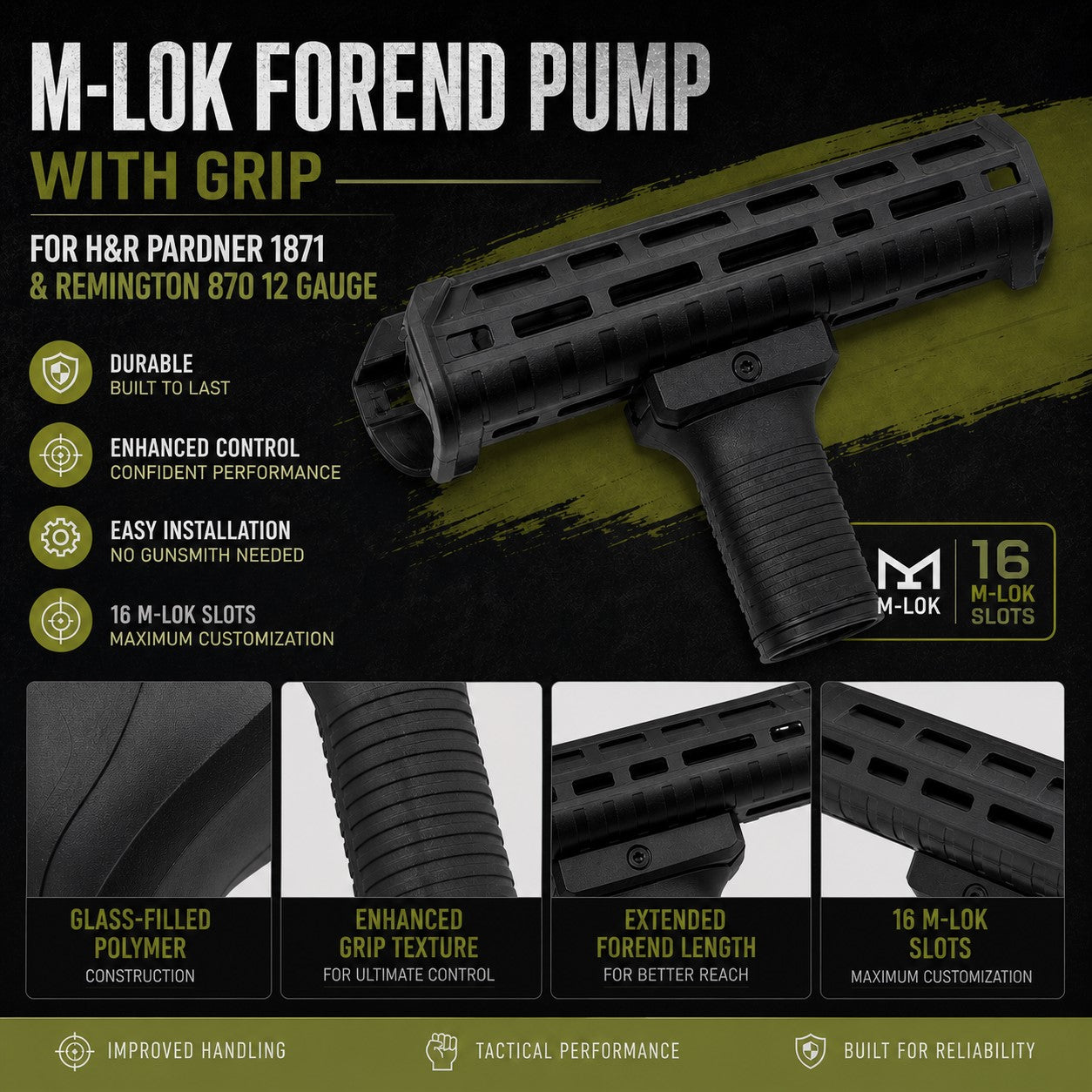M-LOK Forend Pump with Grip for H&R Pardner 1871 & Remington 870 12 Gauge – Polymer Black