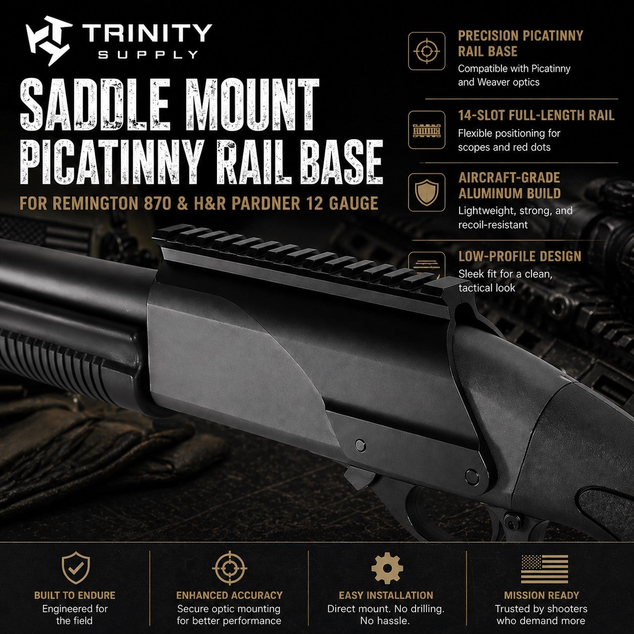 TRINITY Saddle Mount Picatinny Rail Base for Remington 870 & H&R Pardner 12 Gauge