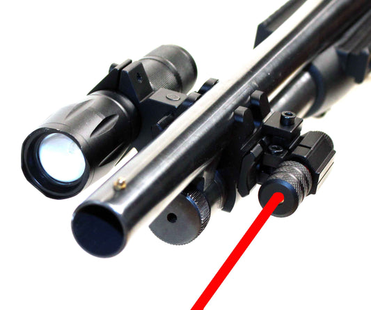 Tactical flashlight with red laser combo compatible with 20-gauge pumps.