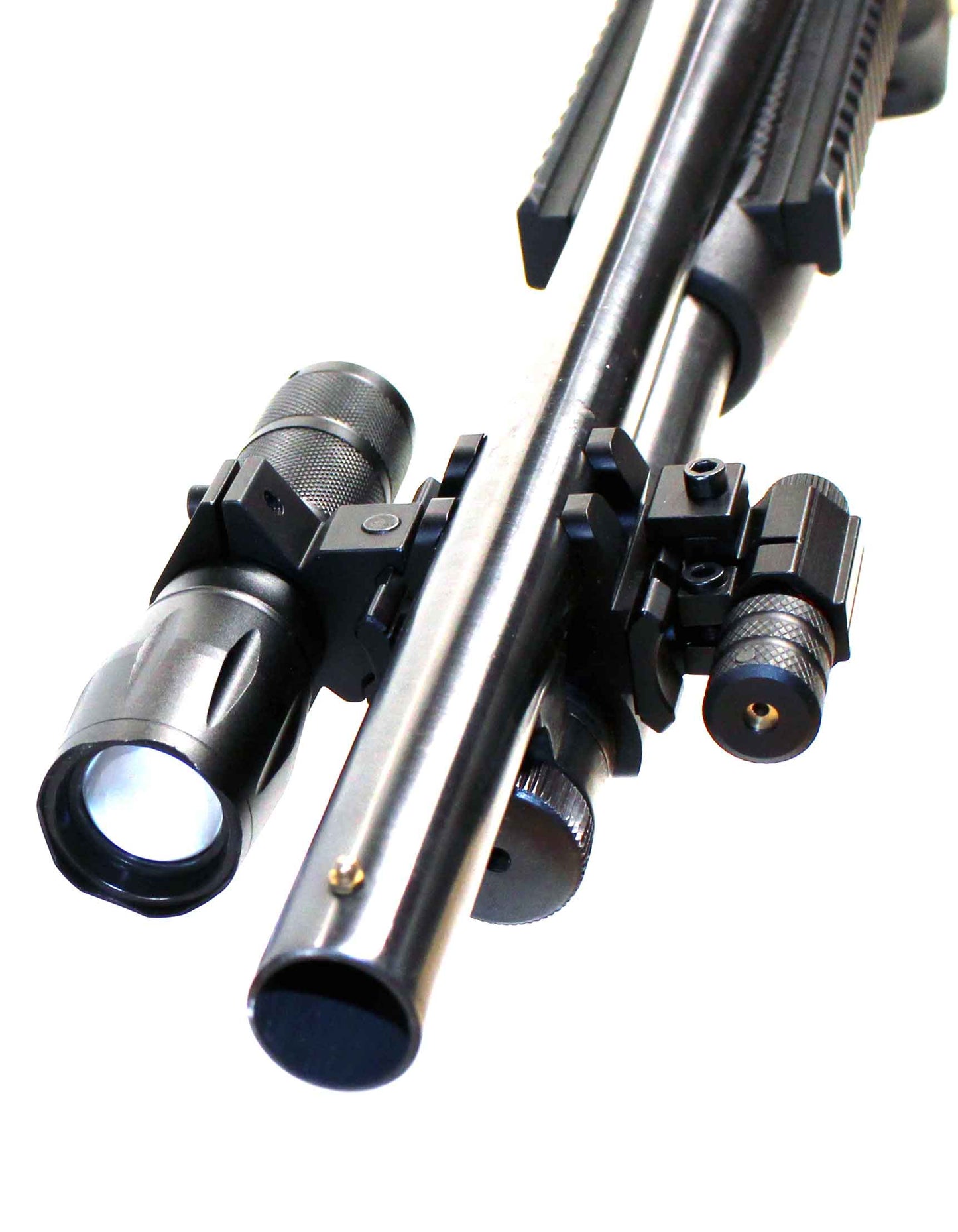 Tactical flashlight with red laser combo compatible with 20-gauge pumps.