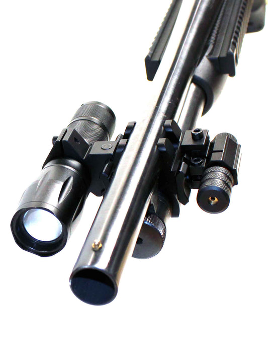 Tactical flashlight with red laser combo compatible with 20-gauge pumps.