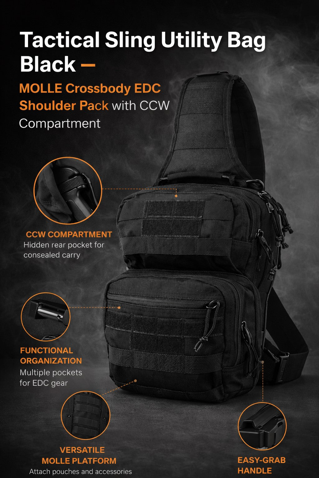 Tactical Sling Utility Bag Black – MOLLE Crossbody EDC Shoulder Pack with CCW Compartment