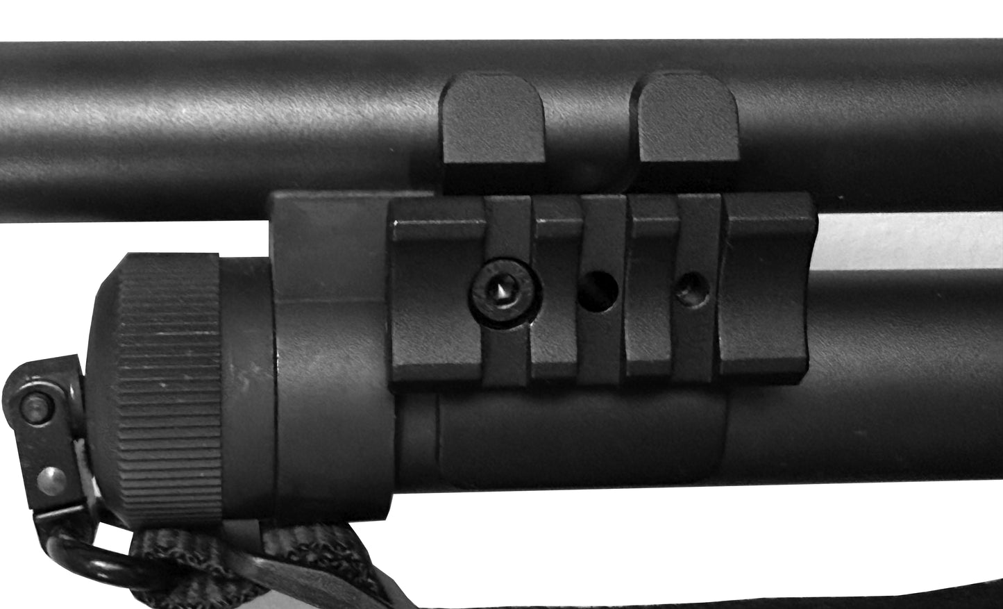 Tactical mount with 2 side picatinny rails compatible with 20 gauge pumps.