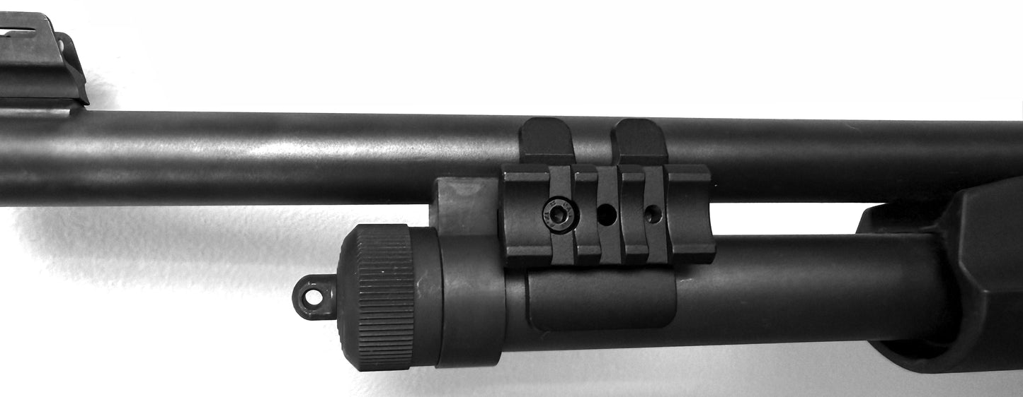 Tactical mount with 2 side picatinny rails compatible with 20 gauge pumps.