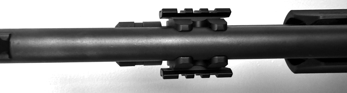 Tactical mount with 2 side picatinny rails compatible with 20 gauge pumps.