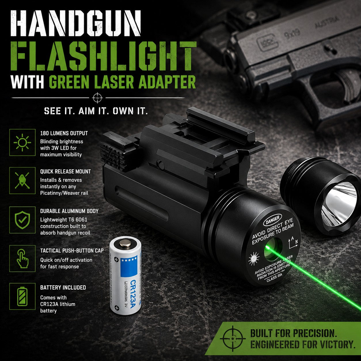 180 Lumen Flashlight & Green Laser Combo for Picatinny Rail Black