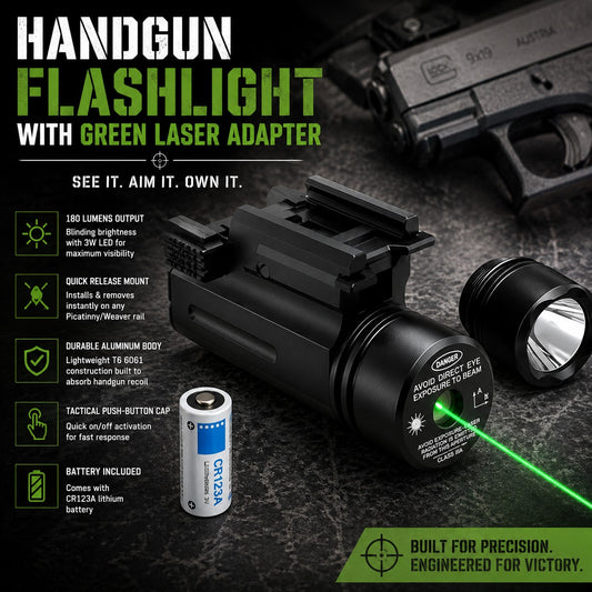 180 Lumen Flashlight & Green Laser Combo for Picatinny Rail Black