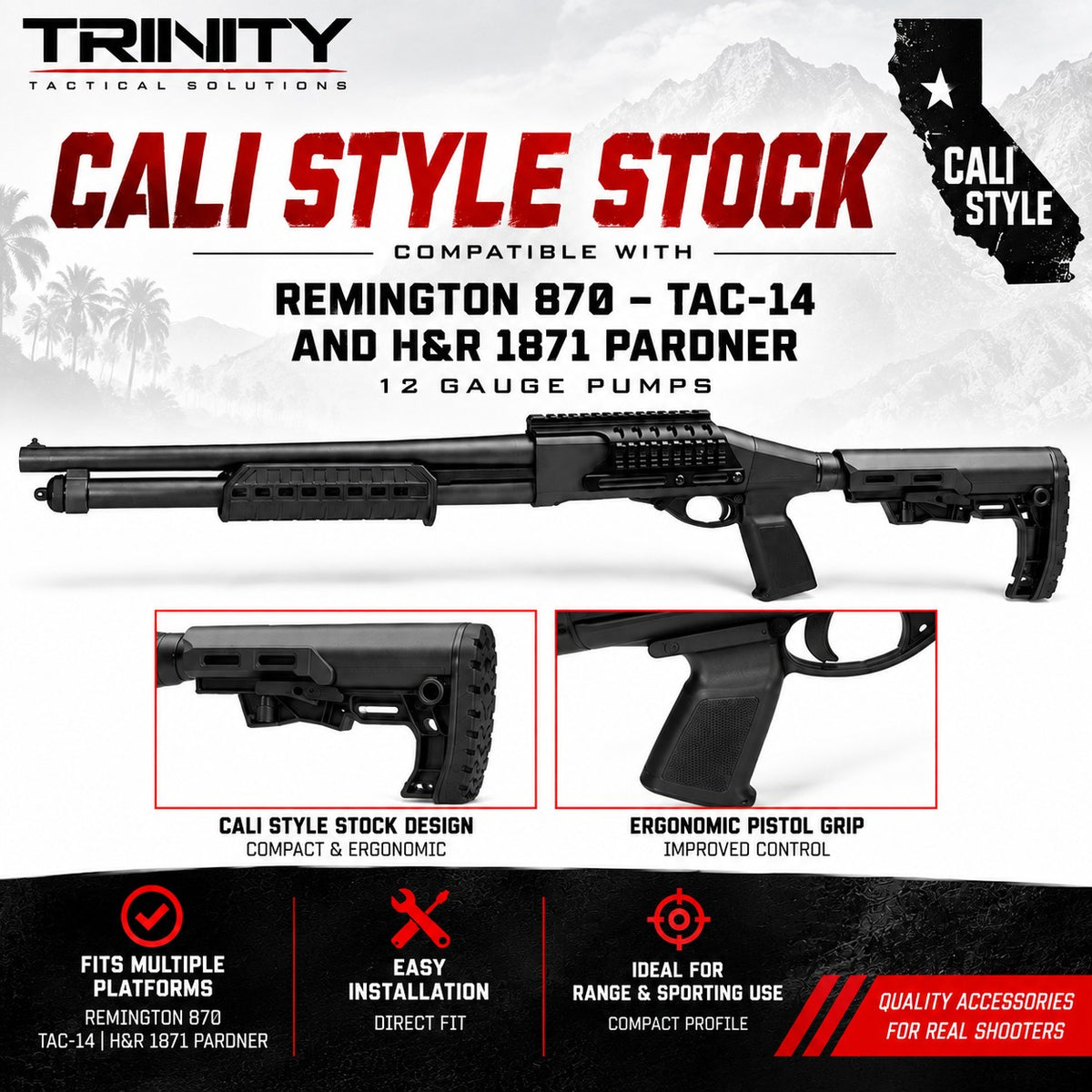 TRINITY Cali Style Adjustable Stock Remington 870 TAC-14 H&R 1871 12 Gauge Black