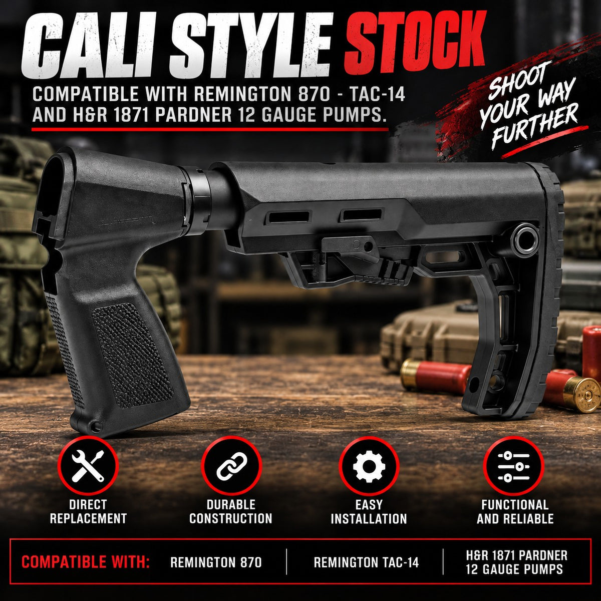 TRINITY Cali Style Adjustable Stock Remington 870 TAC-14 H&R 1871 12 Gauge Black
