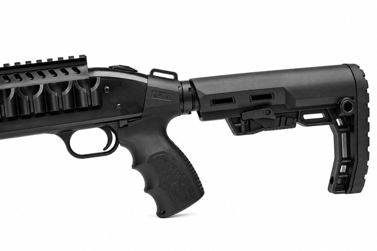 A black tactical shotgun with a handguard, pistol grip, and adjustable stock, shown in profile against a white background.