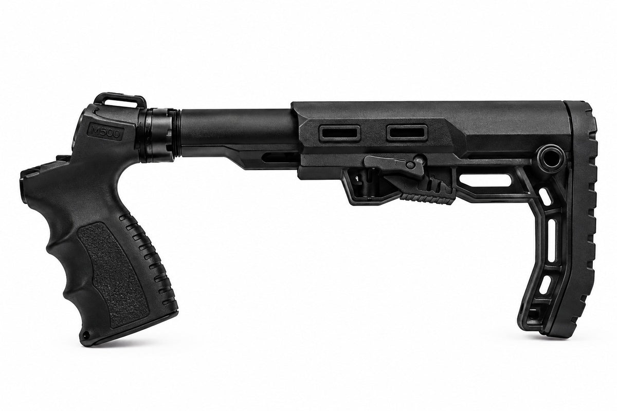 A black tactical rifle stock and handguard assembly shown in profile against a plain white background.