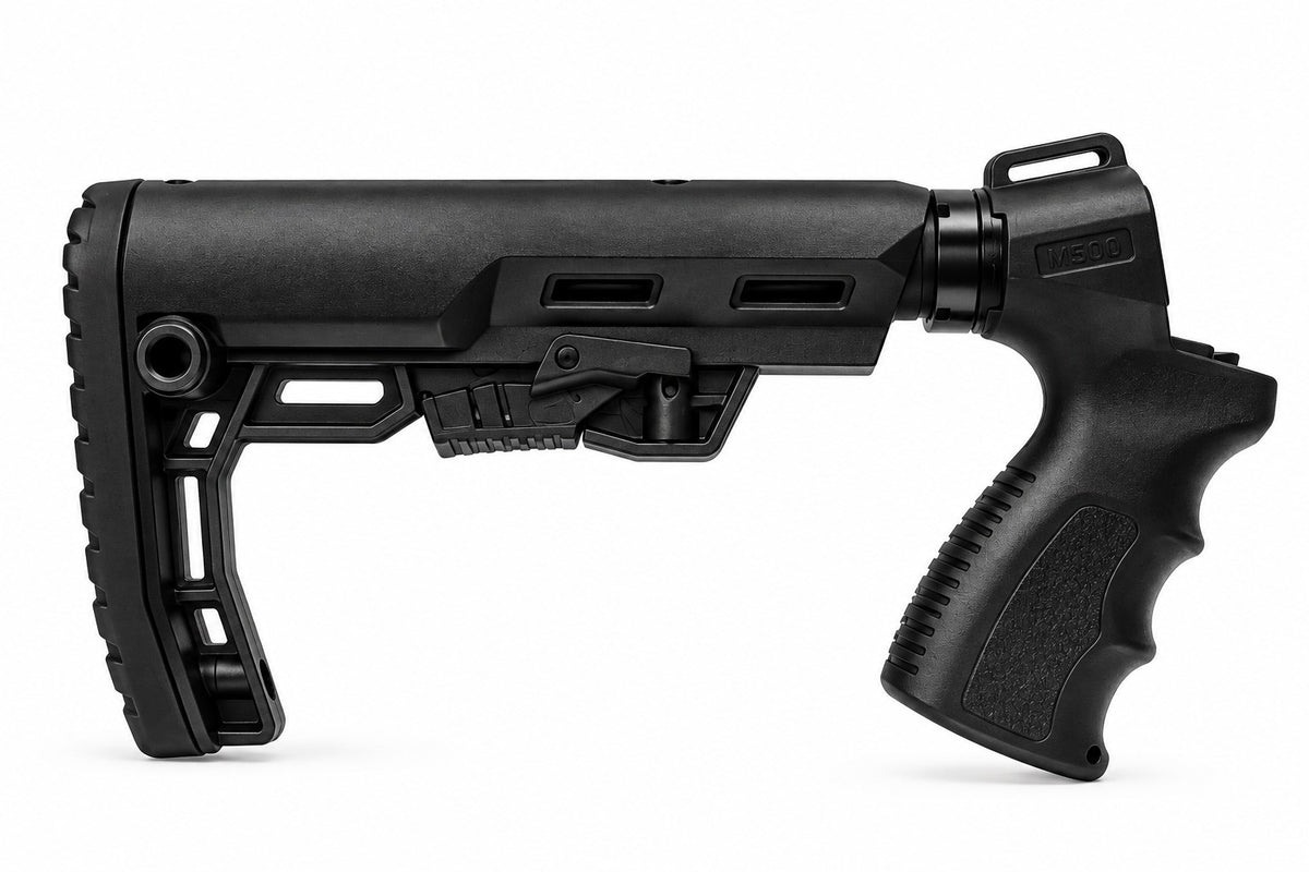 A black tactical rifle stock and handguard assembly with a textured grip, shown from a side profile on a white background.
