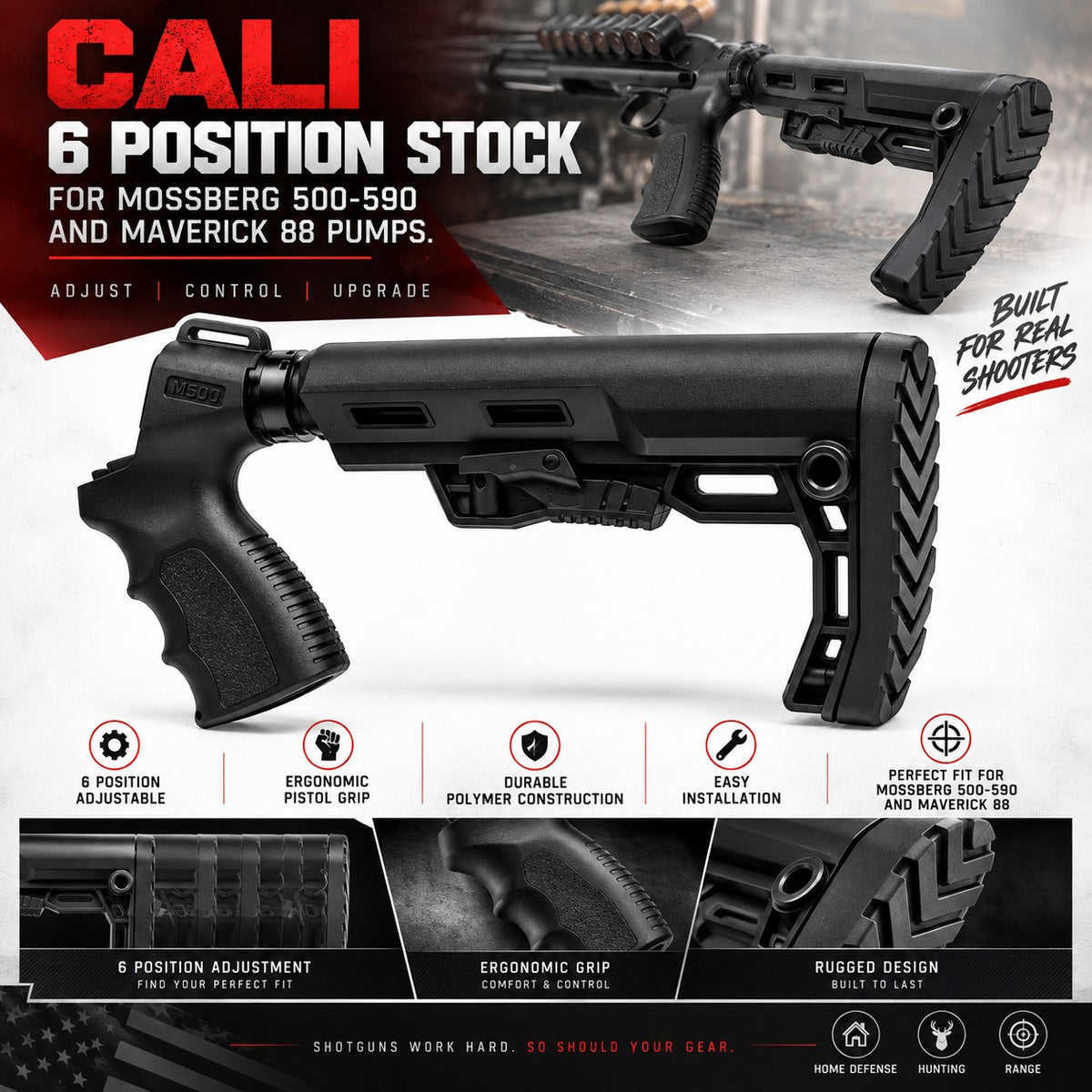 Black 6-position stock for Mossberg 500-590 and Maverick 88 pumps, shown in a product infographic with feature callouts and close-up detail panels.