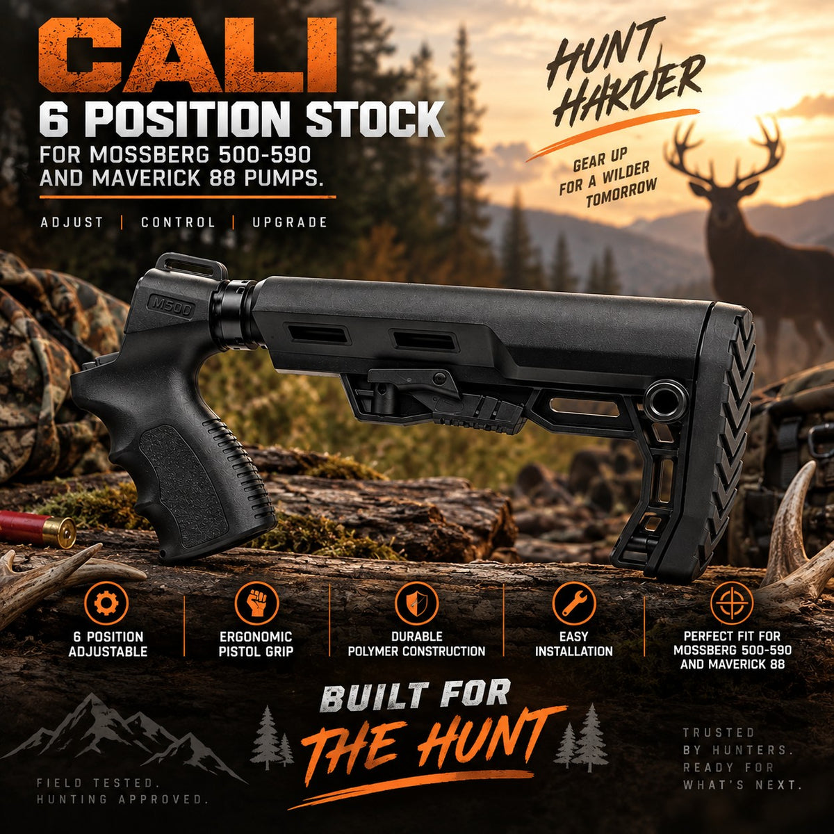 A black adjustable stock shotgun grip accessory shown prominently over a forest hunting scene. The graphic includes large text reading 'CALI 6 POSITION STOCK FOR MOSSBERG 500-590 AND MAVERICK 88 PUMPS,' feature callouts, and branding text for Mossberg and Maverick.