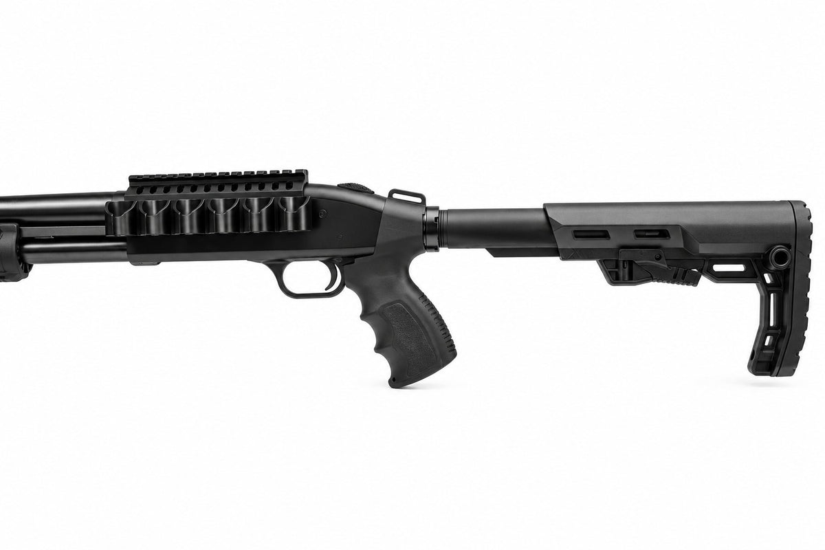 A black tactical shotgun with a vertical foregrip, adjustable stock, and a rail-mounted accessory, shown in profile against a white background.