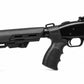 A close-up side profile of a black tactical shotgun with a textured stock, adjustable foregrip, and handguard, shown against a plain white background.