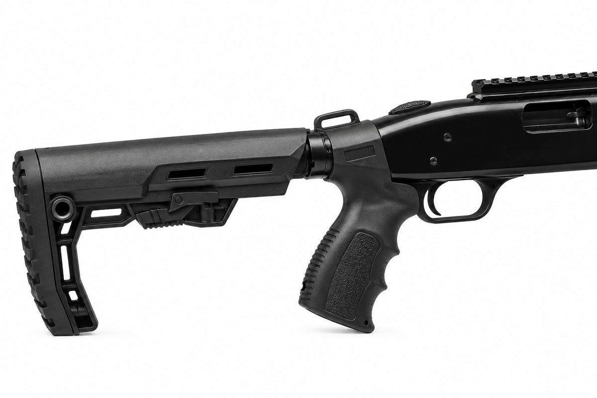 A close-up side profile of a black tactical shotgun with a textured stock, adjustable foregrip, and handguard, shown against a plain white background.