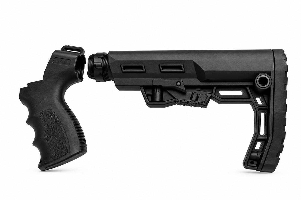 A black tactical firearm stock and handguard assembly shown in profile against a plain white background.
