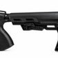 A black tactical rifle stock with an integrated pistol grip and a textured rear support leg, shown from a side profile on a white background.