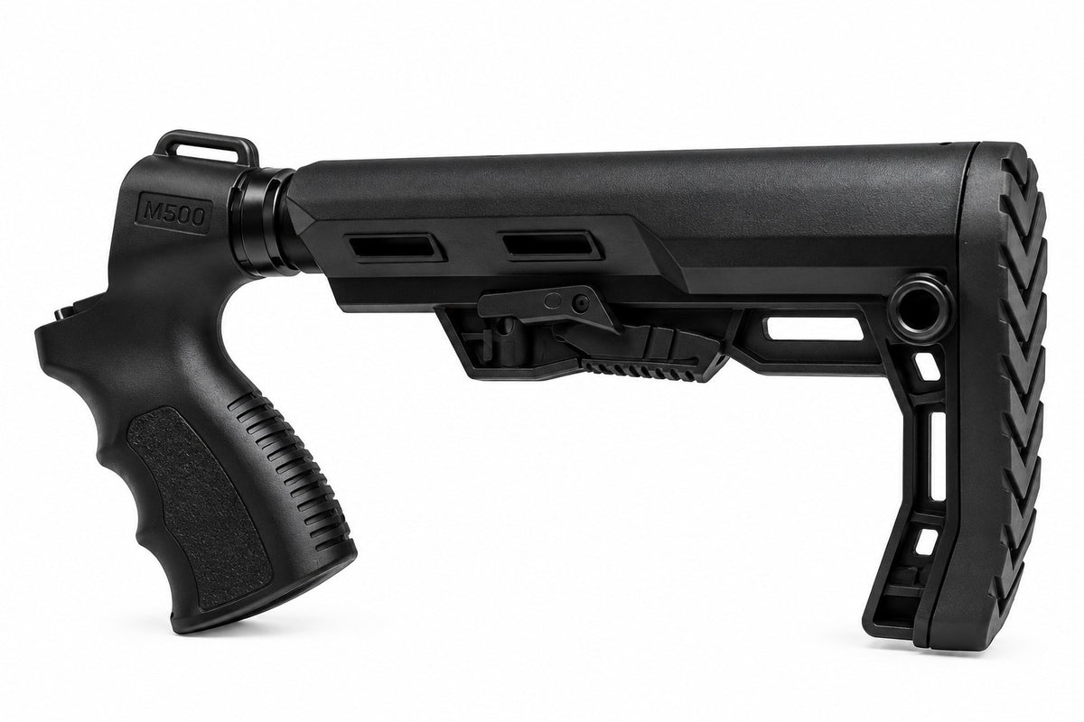 A black tactical rifle stock with an integrated pistol grip and a textured rear support leg, shown from a side profile on a white background.