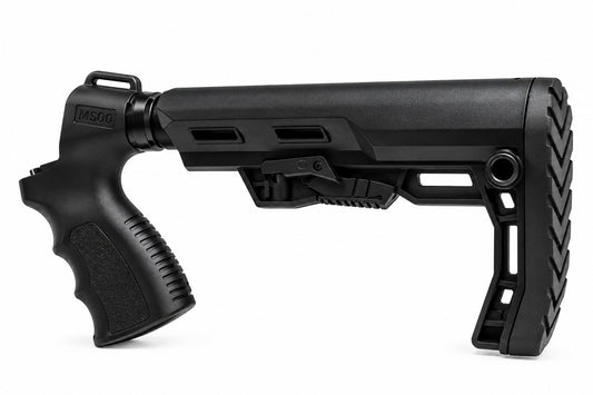 A black tactical rifle stock with an integrated pistol grip and a textured rear support leg, shown from a side profile on a white background.
