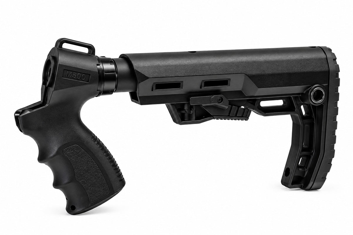 A black M4DC tactical buttstock and handguard assembly shown from a side profile view on a clean white background.