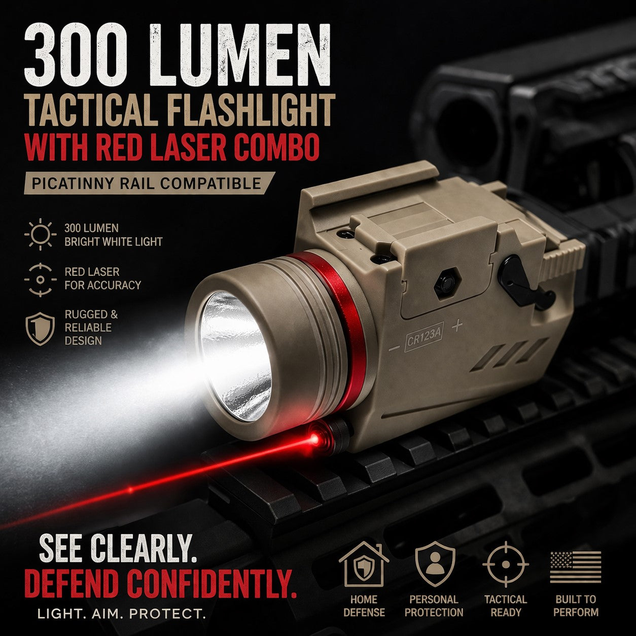 300 Lumen Tactical Flashlight with Red Laser Combo – Picatinny Rail Compatible (Tan)