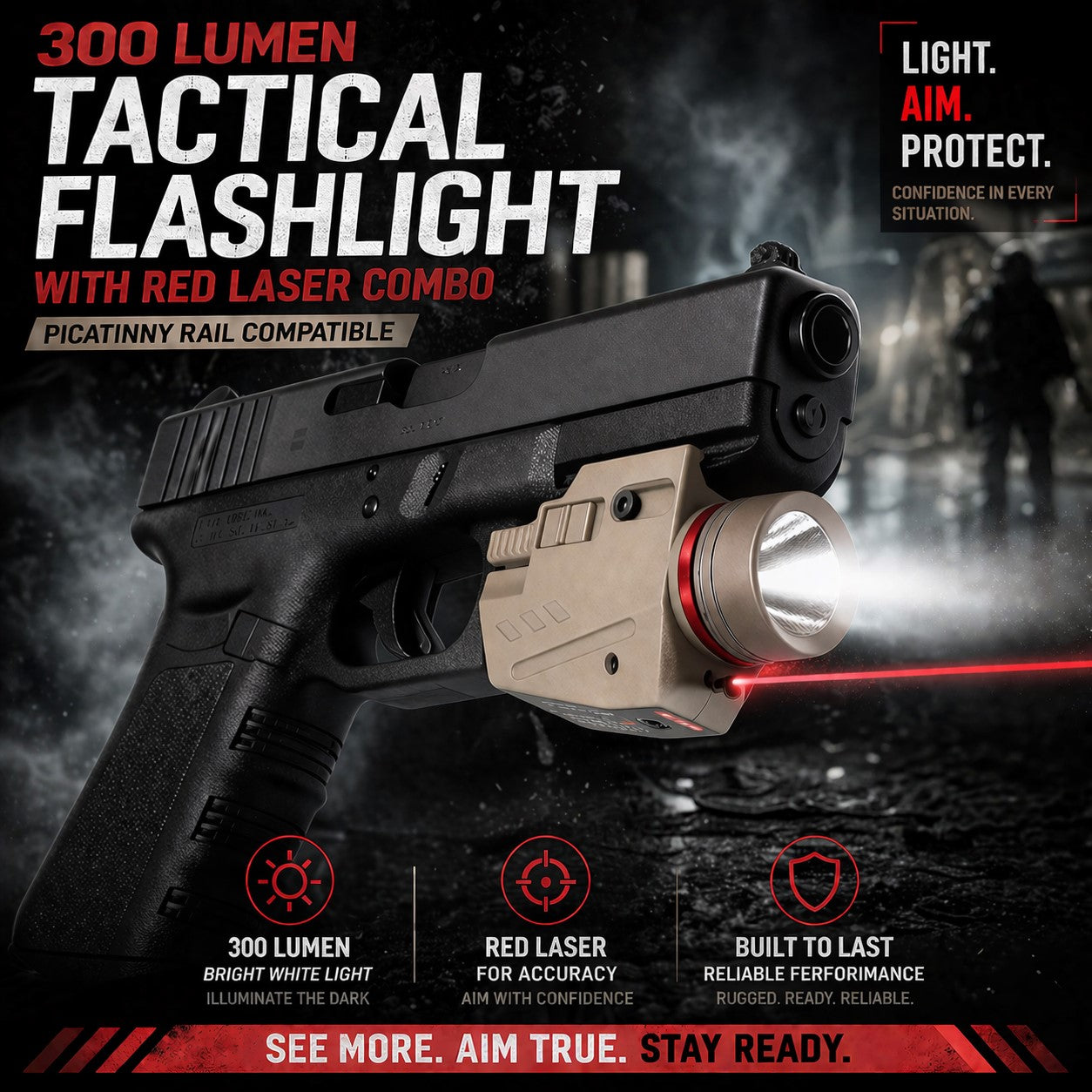 300 Lumen Tactical Flashlight with Red Laser Combo – Picatinny Rail Compatible (Tan)