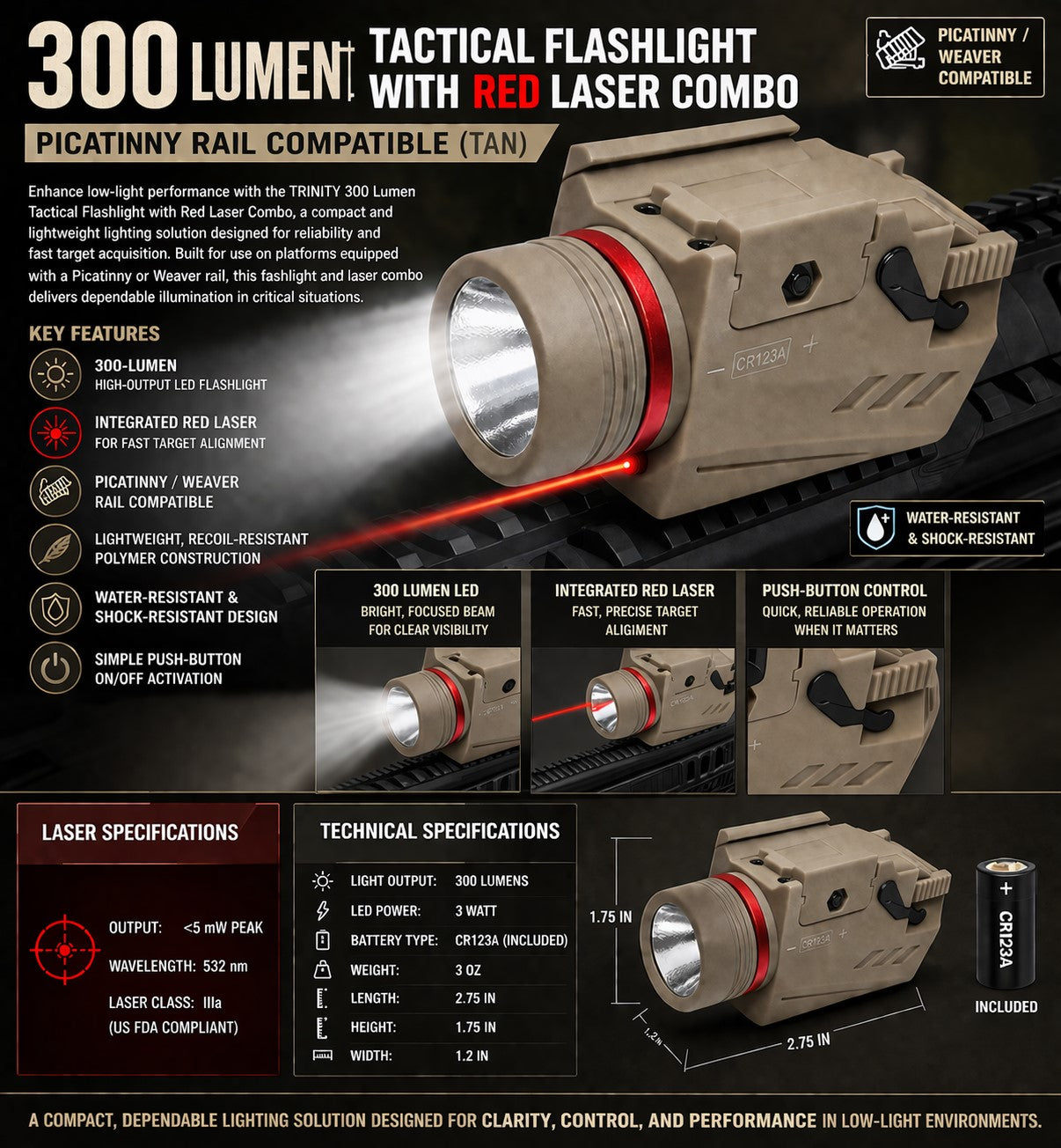 300 Lumen Tactical Flashlight with Red Laser Combo – Picatinny Rail Compatible (Tan)