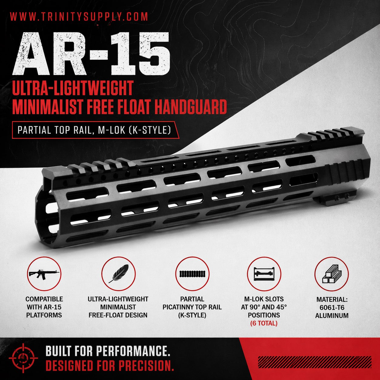 AR-15 Ultra-Lightweight Minimalist Free Float Handguard – Partial Top Rail, M-LOK (K-Style)