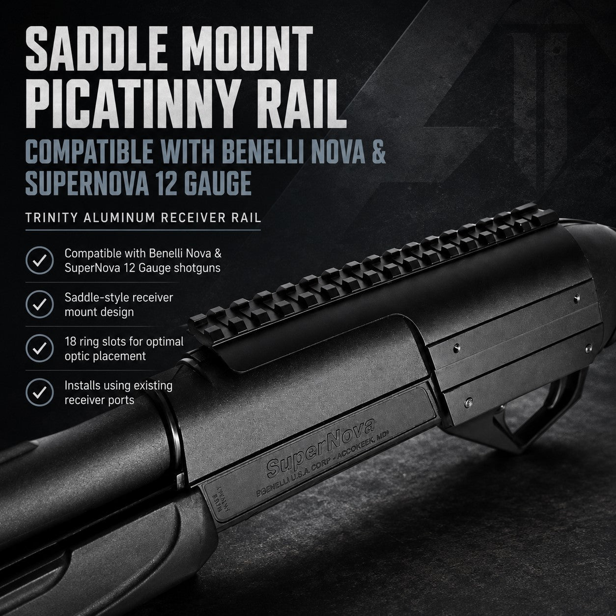 Saddle Mount Picatinny Rail Compatible with Benelli Nova & SuperNova 12 Gauge – Trinity Aluminum Receiver Rail