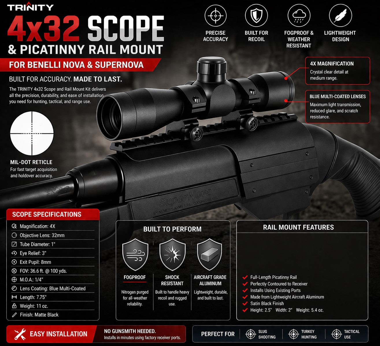 TRINITY 4x32 Scope with Saddle Mount for Benelli Nova & SuperNova